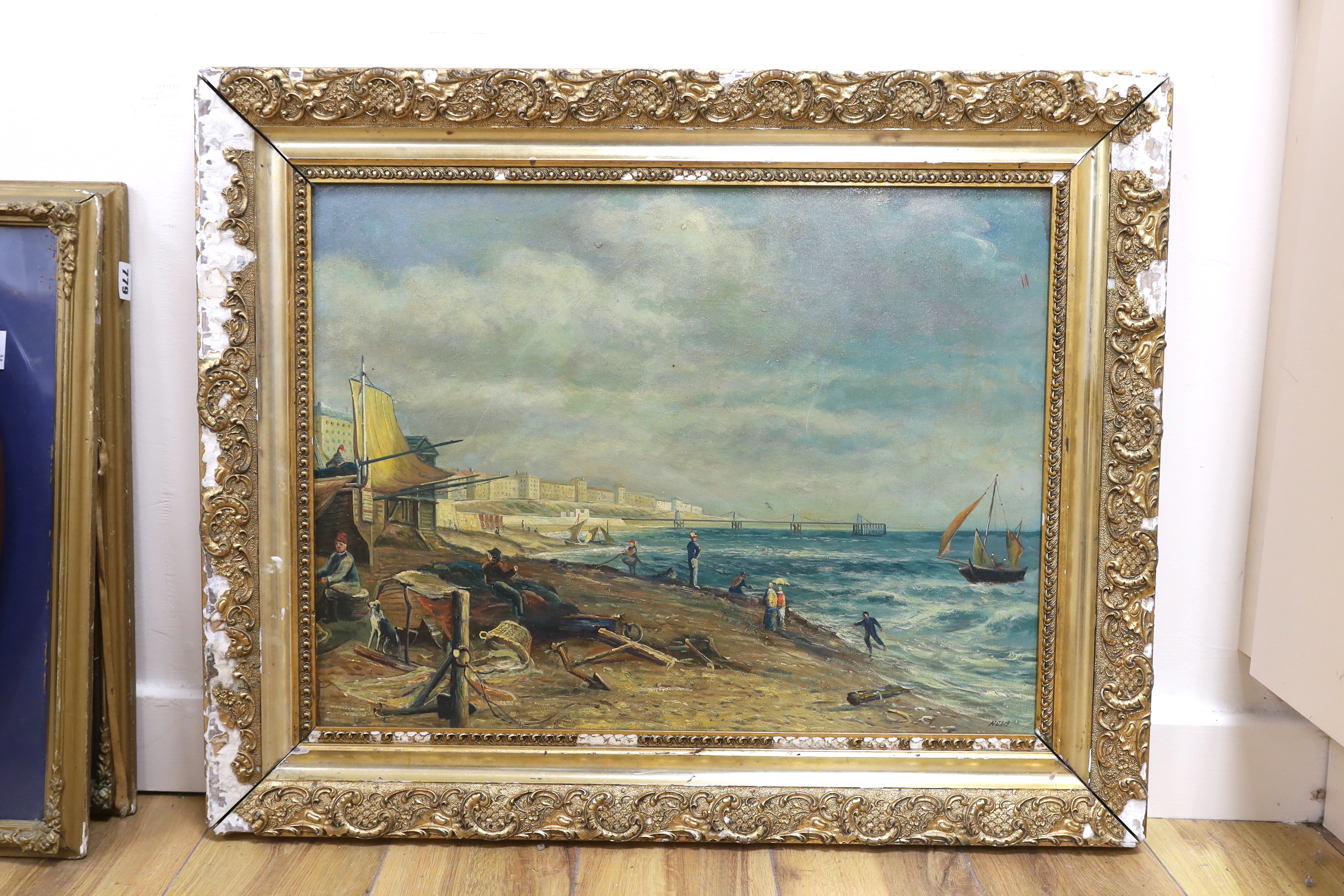 Oil on board, Brighton with the chain pier, 45 x 60cm, ornate gilt framed